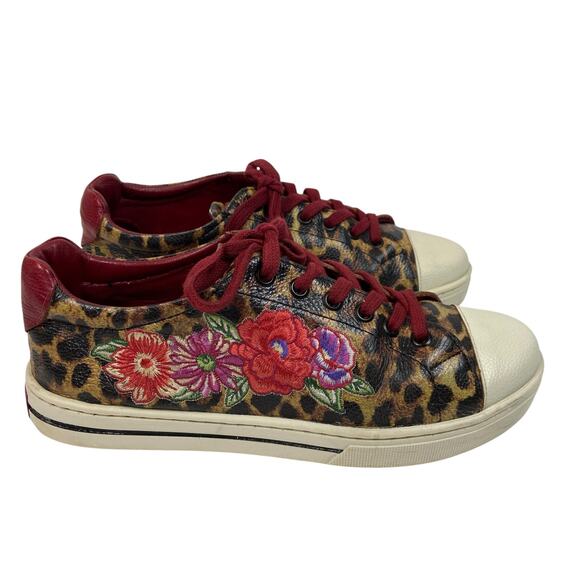 Brighton SPOTS Sneakers Red Animal Print Floral Embroidered Shoes Size 7.5M - Picture 1 of 10